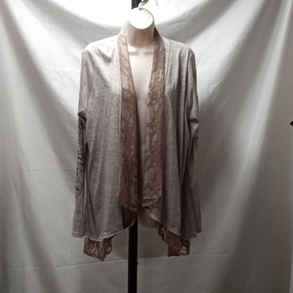 Miss Me 2 Layer Shrug Sweater Lace Open Front Draped, M, Tan, Pre-owned